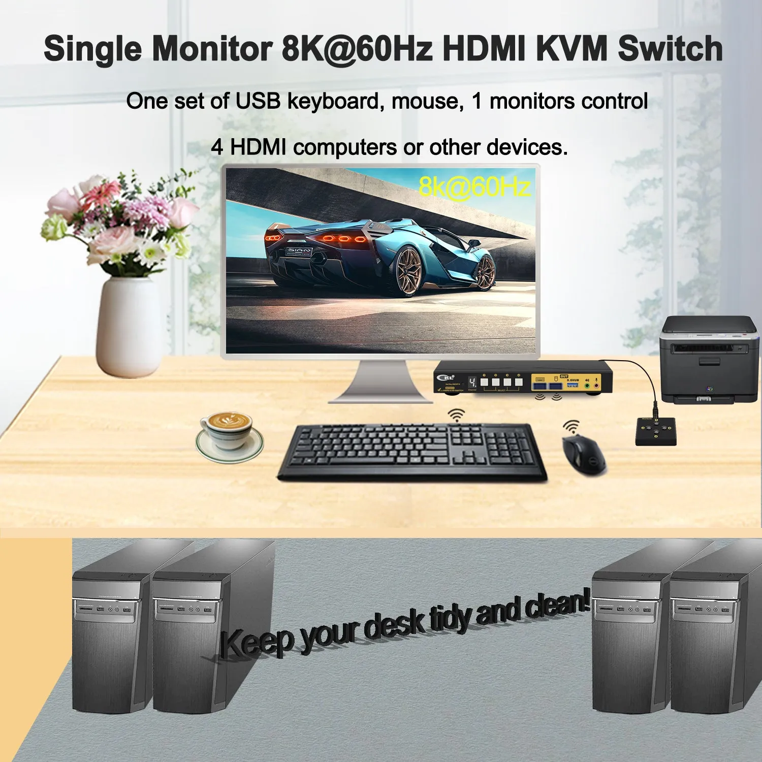 CKL 4 Port USB 3.0 KVM Switch HDMI 2.1 8K 60Hz 4K 120Hz 144Hz with EDID, PC Screen Keyboard Mouse Peripheral Audio Sharing Selector Box for 4 Computers 1 Monitor (64HUA-5)