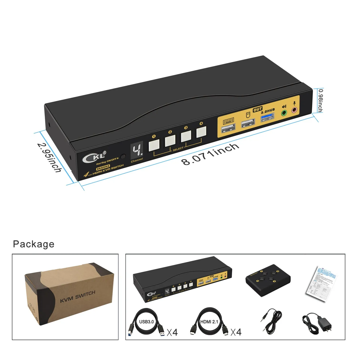 CKL 4 Port USB 3.0 KVM Switch HDMI 2.1 8K 60Hz 4K 120Hz 144Hz with EDID, PC Screen Keyboard Mouse Peripheral Audio Sharing Selector Box for 4 Computers 1 Monitor (64HUA-5)