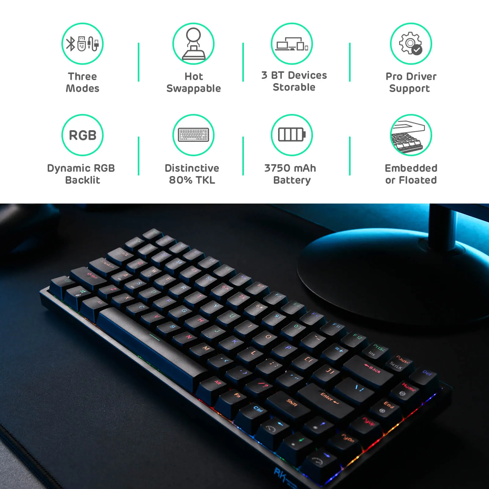 [CLEARANCE] Royal Kludge RK RK84 RGB 84 Keys Mechanical Gaming Keyboard 2.4G Wireless Bluetooth Hot-Swappable with Bluetooth 5.0