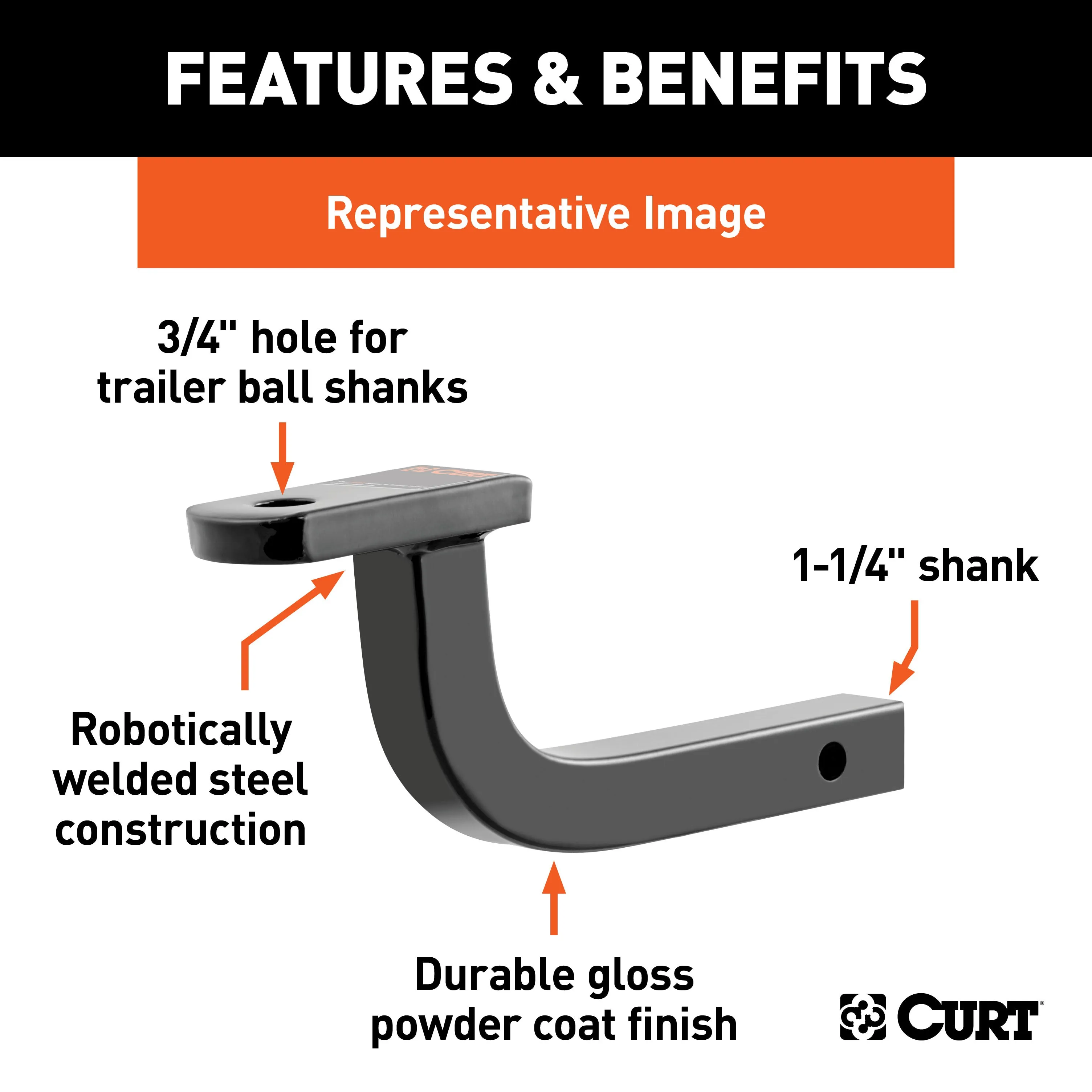 CURT 45023 Class 1 Ball Mount (1-1/4in. Shank; 2;000 lbs.; 3-3/4in. Rise; 11-1/2in. Long)