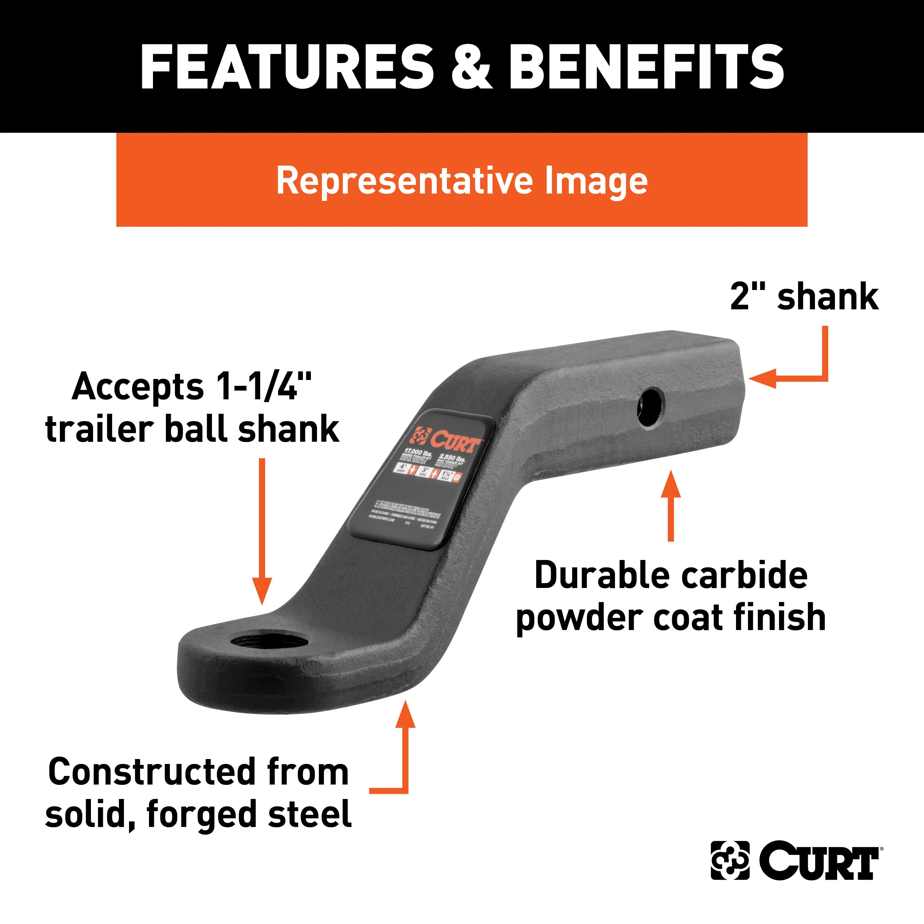 CURT 45341 Forged Ball Mount (2in. Shank; 17;000 lbs.; 4in. Drop; 8-1/2in. Long)