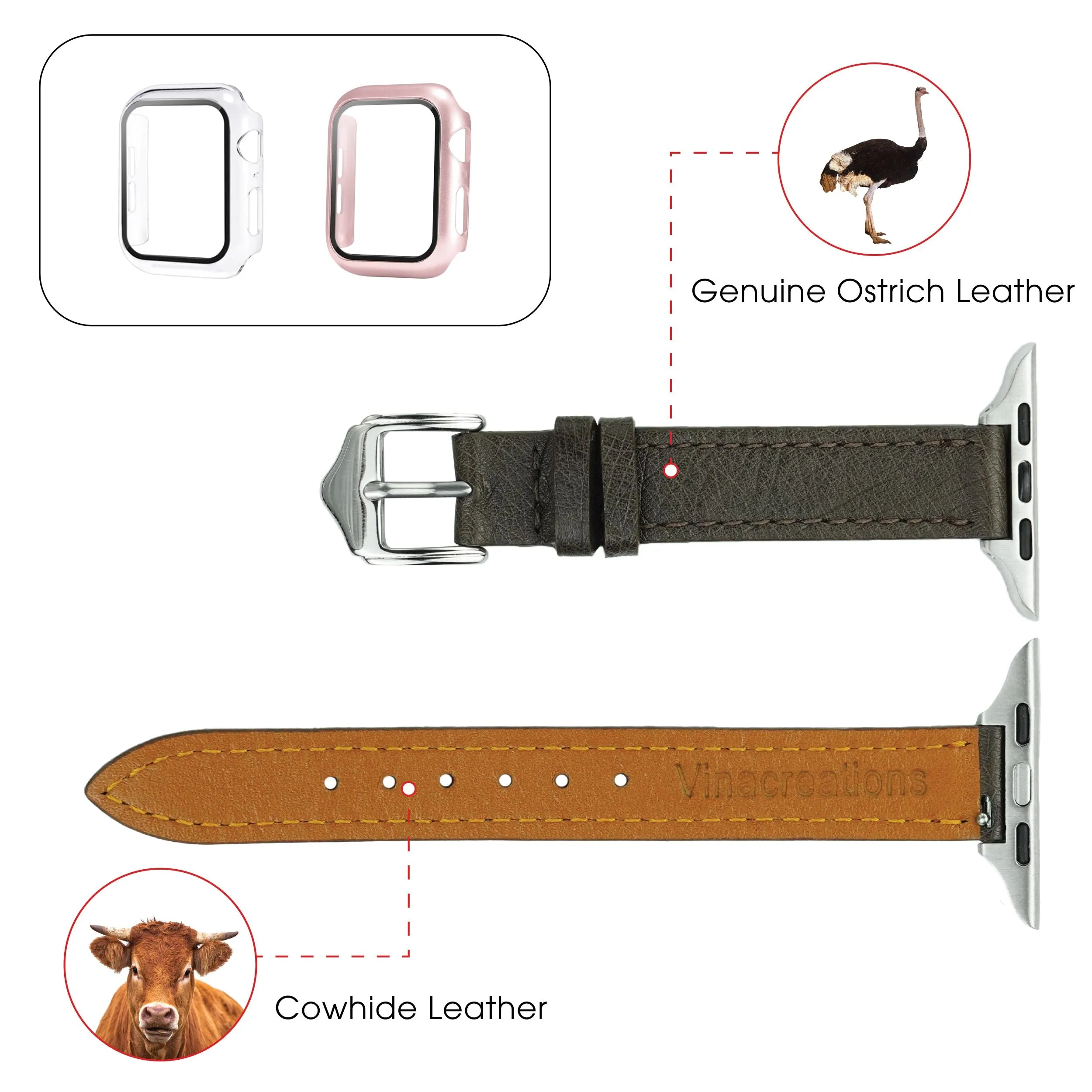 Dark Brown Flat Ostrich Leather Band Compatible Apple Watch Iwatch 42mm Screen Protector Case Silver Adapter Replacement Strap For Smartwatch Series 1 2 3 Leather Handmade AW-183S-W-42MM