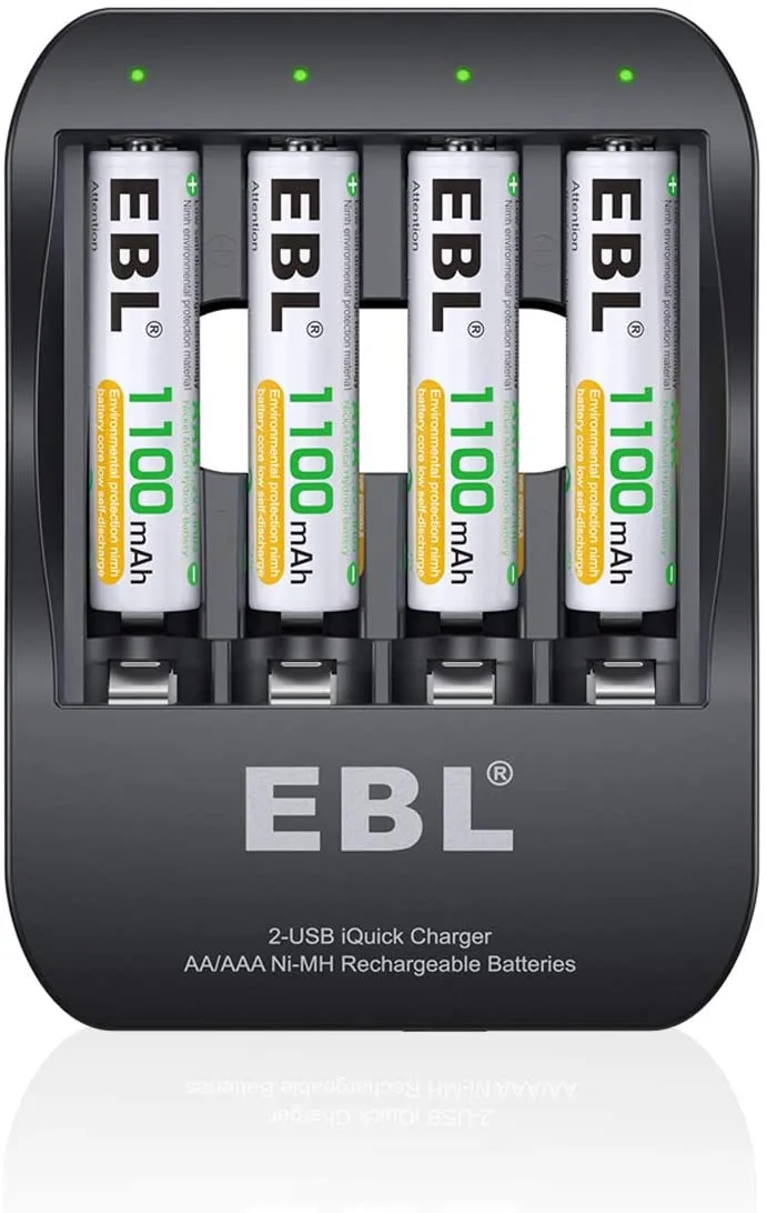 EBL EB-P62018122 Pack of 4 1.2V AAA 1100mAh NiMH Nickel Metal Hydride Rechargeable Batteries with Fast Charging AA/AAA 2-Hour USB-C / Micro USB Quick Battery Charger