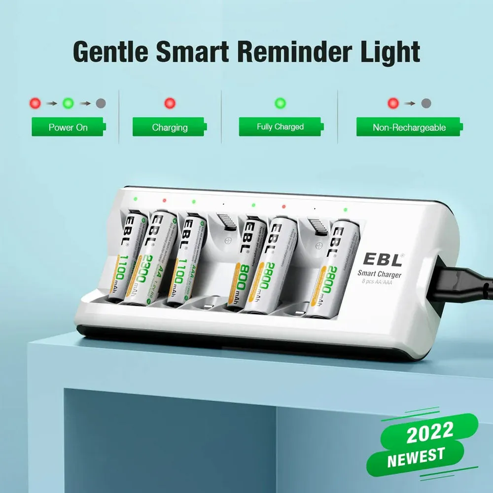 EBL LN-6499 808 8-Bay Smart Battery Charger with Individually Controlled Quick Charging Slots, Intelligent Overcharge Protection, and LED Status Indicator Lights for AA AAA Ni-MH Rechargeable Batteries