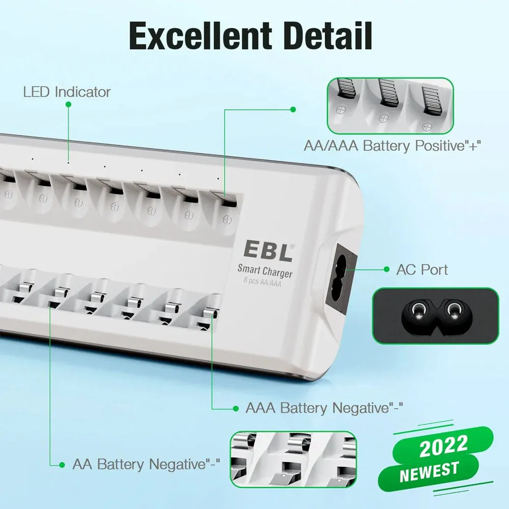 EBL LN-6499 808 8-Bay Smart Battery Charger with Individually Controlled Quick Charging Slots, Intelligent Overcharge Protection, and LED Status Indicator Lights for AA AAA Ni-MH Rechargeable Batteries