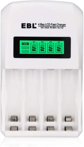 EBL LN-6907 4-Bay Smart Battery Charger with LCD Indicator Screen, Individually Controlled Quick Charging Slots, and Intelligent Overcurrent Protection (includes 4-Pack AA Ni-MH Rechargeable Batteries)