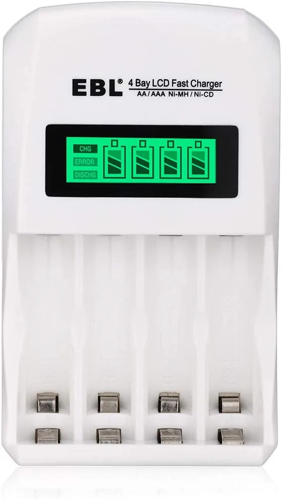 EBL LN-6907 4-Bay Smart Battery Charger with LCD Indicator Screen, Individually Controlled Quick Charging Slots, and Intelligent Overcurrent Protection (includes 4-Pack AA Ni-MH Rechargeable Batteries)