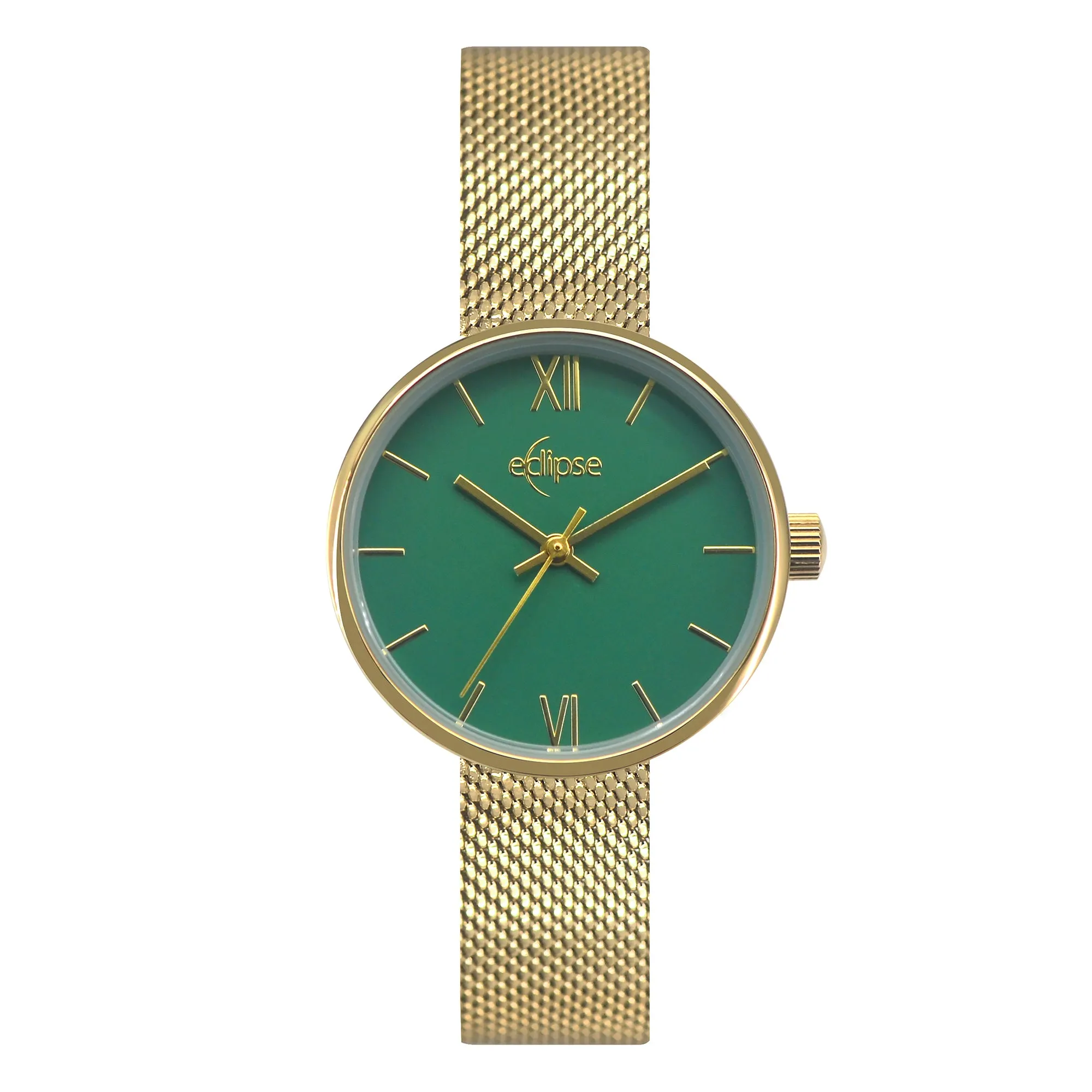 Eclipse Stainless Steel Round Green Dial Gold Band Watch