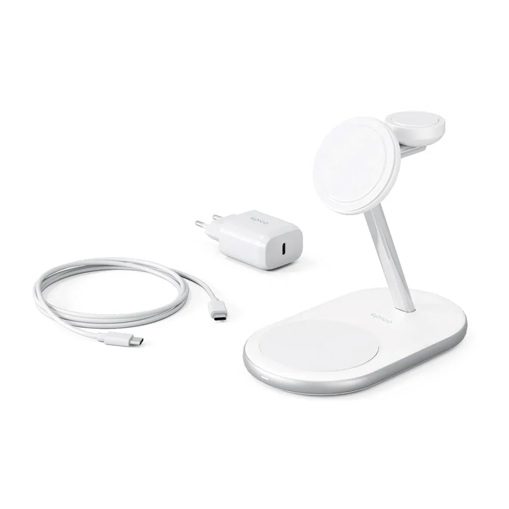 Epico Charging Stand - 3-i-1 15W Trådløs Oplader - MagSafe Kompatibel - Hvid