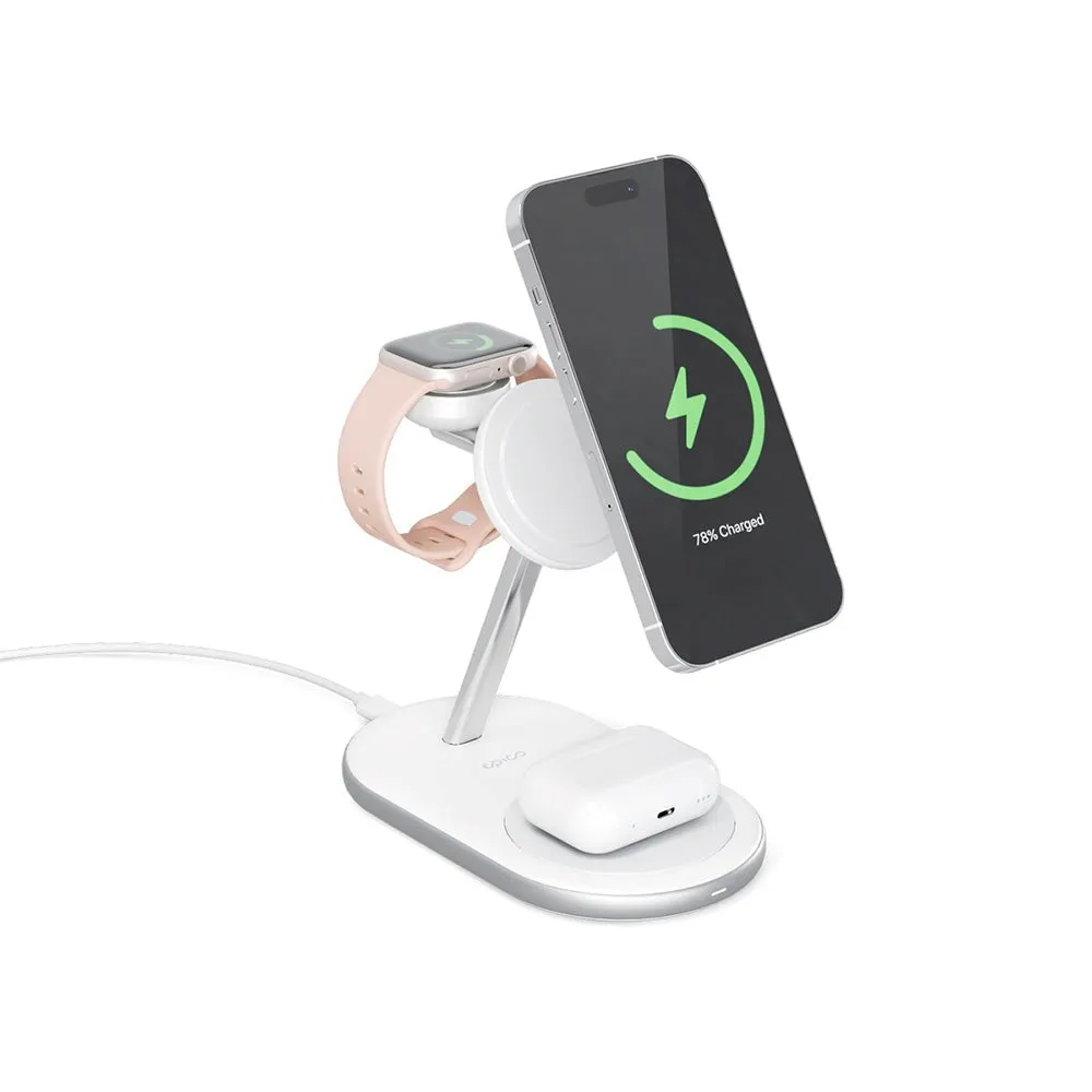 Epico Charging Stand - 3-i-1 15W Trådløs Oplader - MagSafe Kompatibel - Hvid