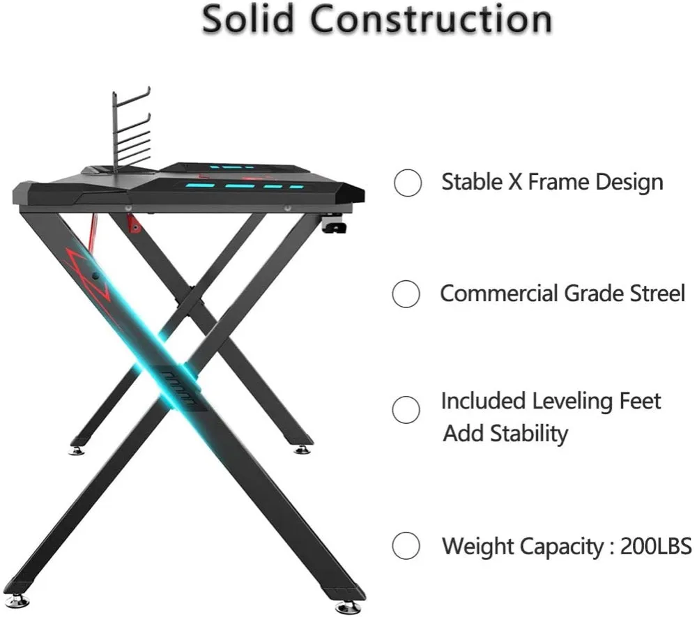 Eureka Ergonomic Black 44" Gaming Computer Desk w/ LED Lights, Cup Holder & Headphone Hook, X1-S