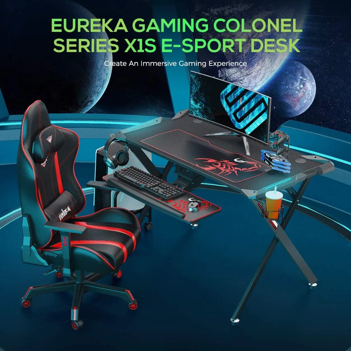 Eureka Ergonomic Black 44" Gaming Computer Desk w/ LED Lights, Cup Holder & Headphone Hook, X1-S