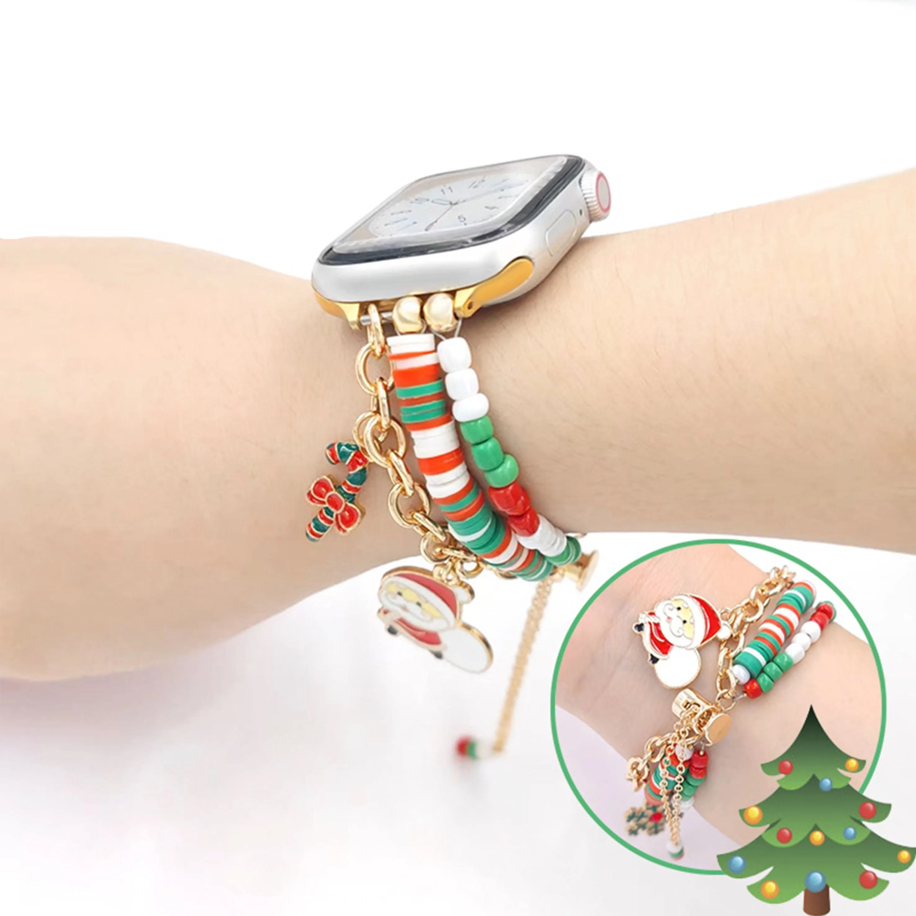 Festive Merry Charms Beaded Steel Bracelet Band For Apple Watch