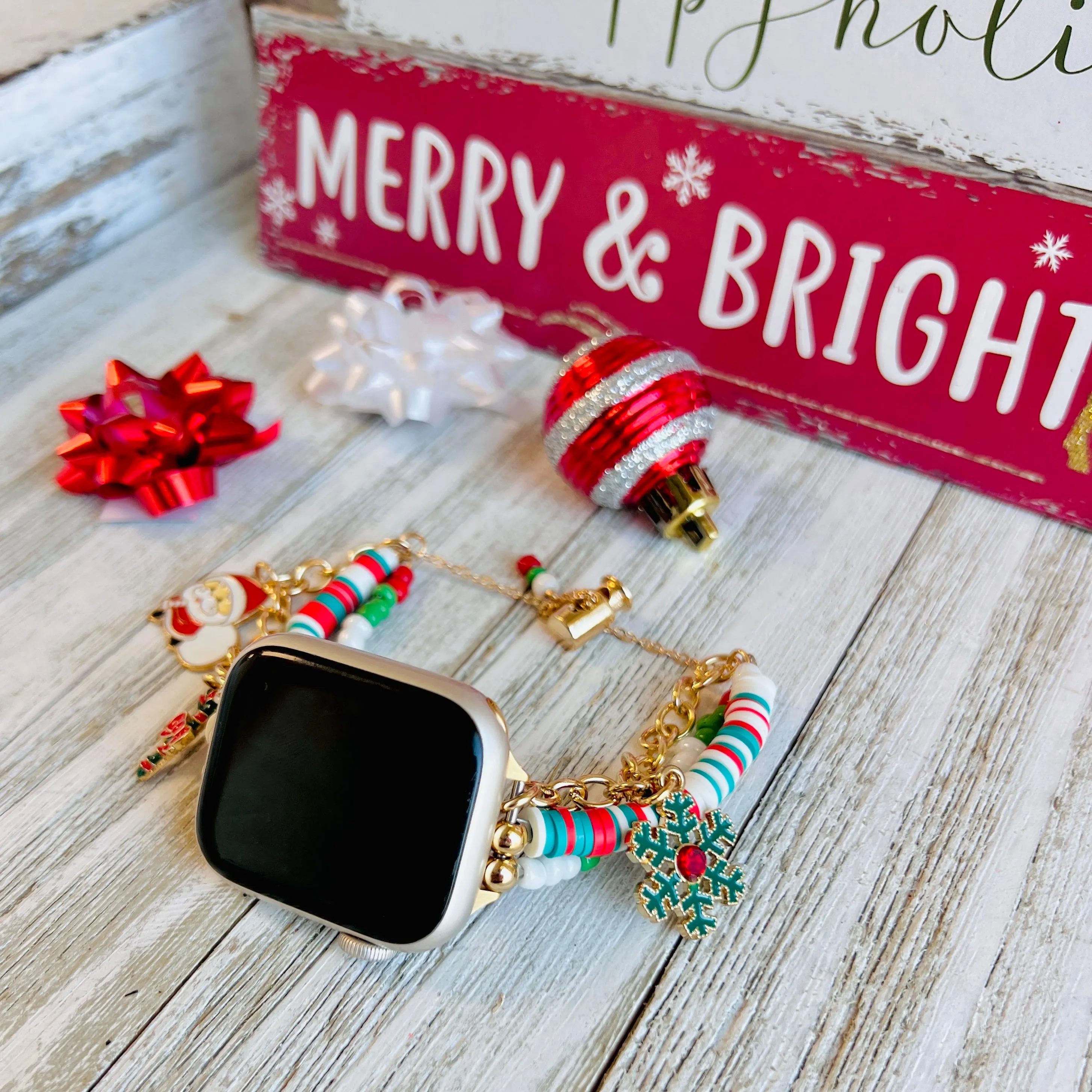 Festive Merry Charms Beaded Steel Bracelet Band For Apple Watch