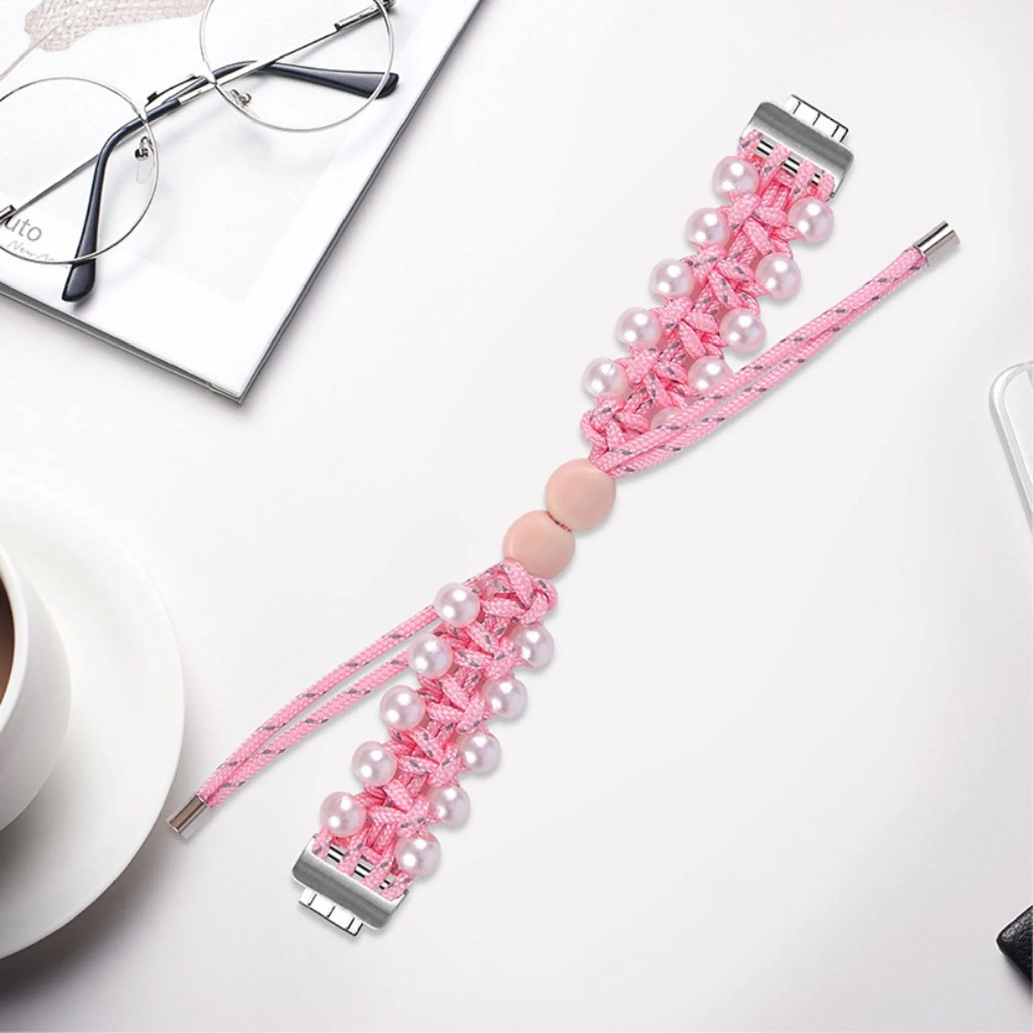 Fitbit Inspire 2 nylon adorned bead style watch strap - Pink