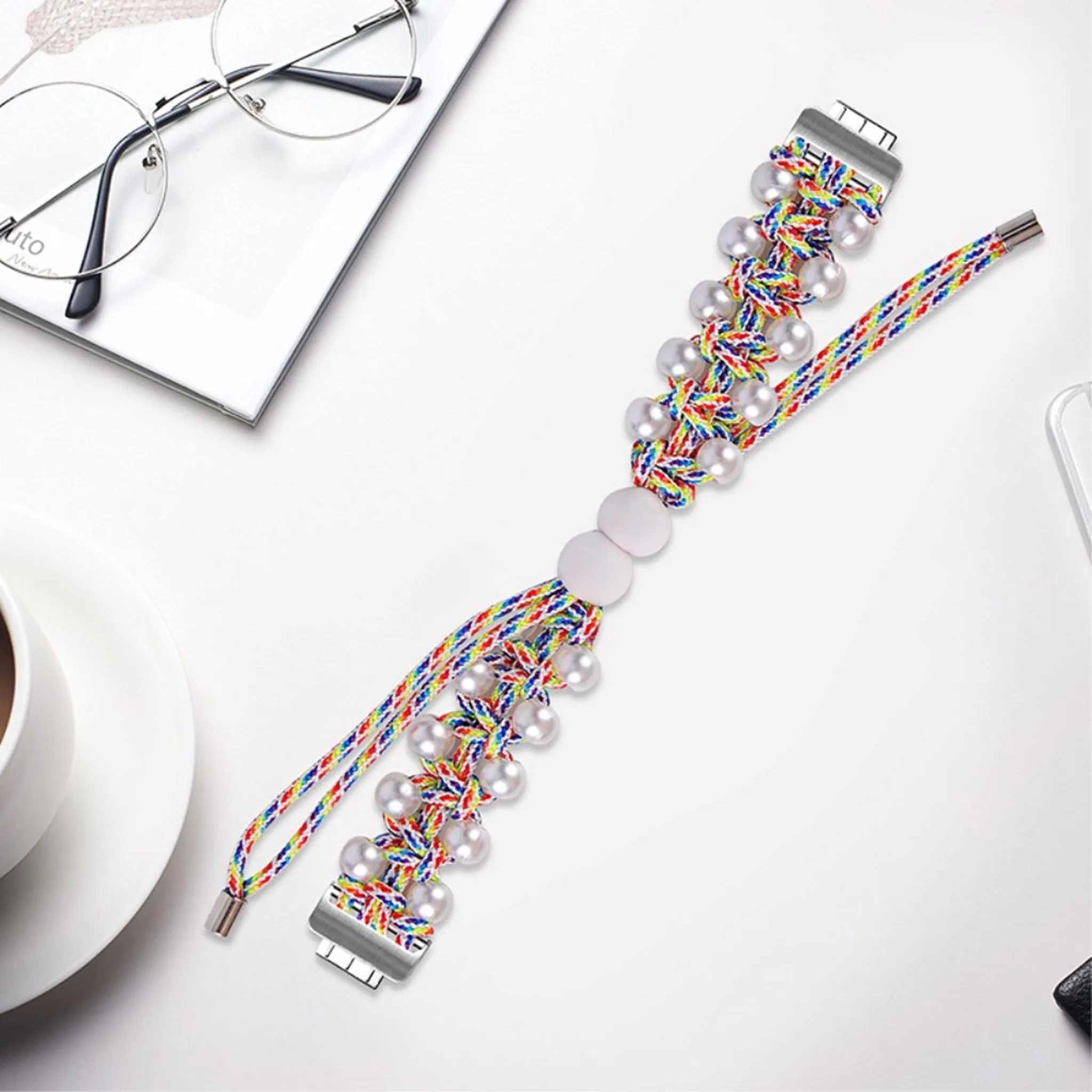 Fitbit Inspire 2 nylon adorned bead style watch strap - Rainbow