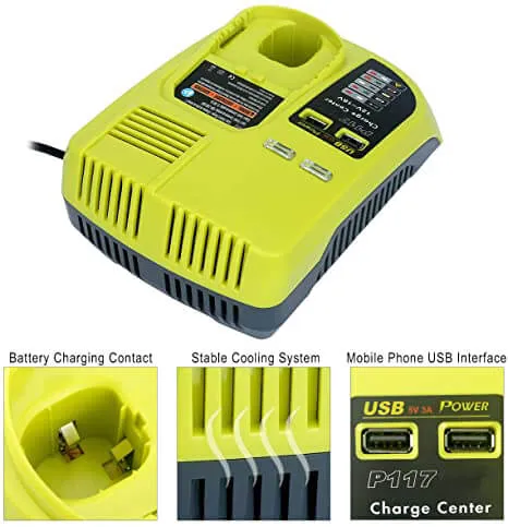 For Ryobi 18V Battery Charger P117 | Dual Chemistry IntelliPort Charger For 18V-12V Li-ion & Ni-cad Ni-Mh Battery