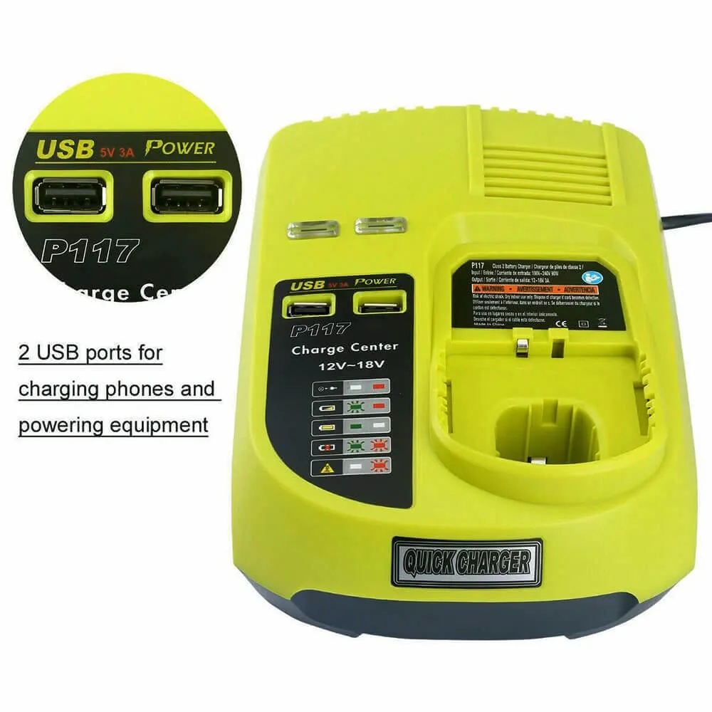 For Ryobi 18V Battery Charger P117 | Dual Chemistry IntelliPort Charger For 18V-12V Li-ion & Ni-cad Ni-Mh Battery