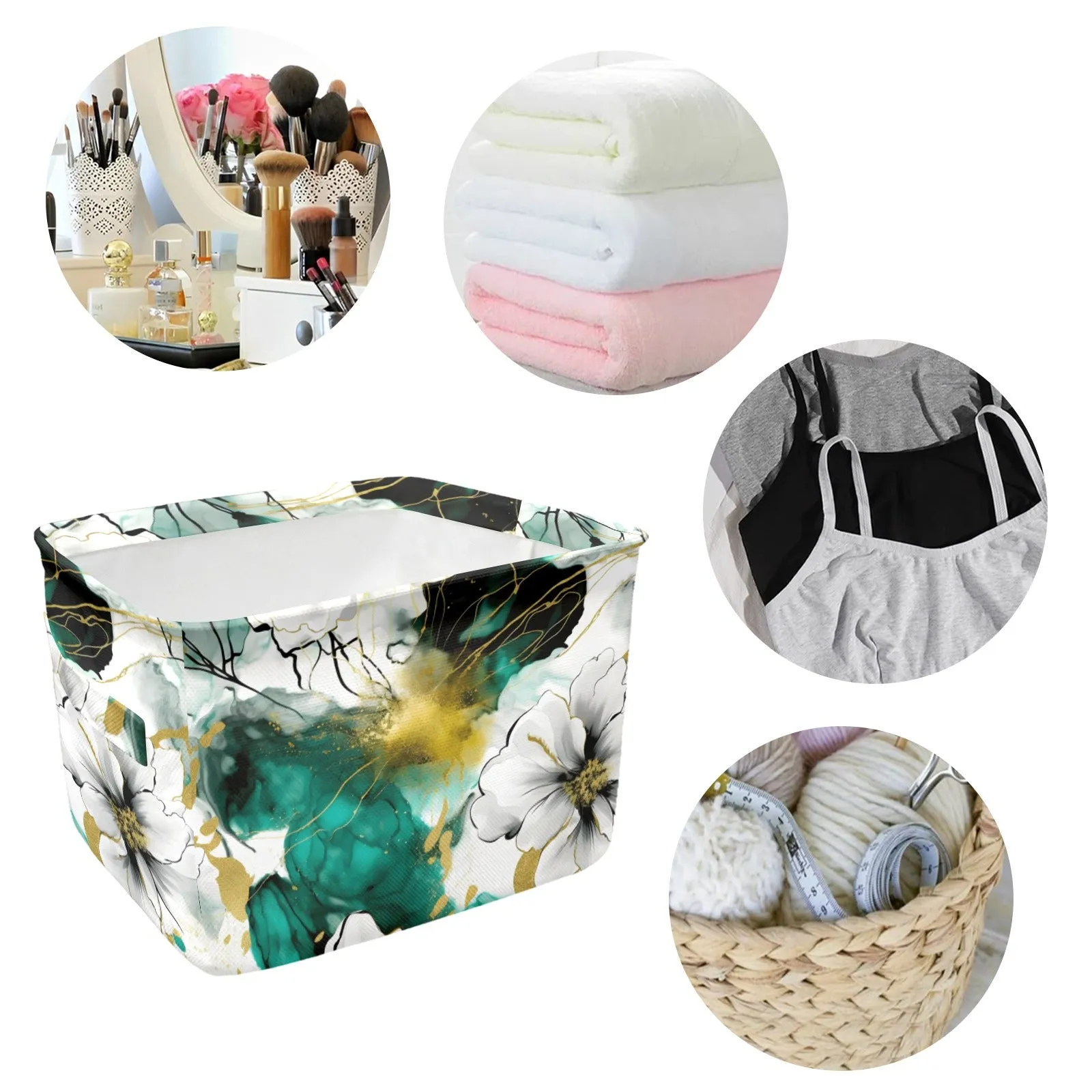 Green and White Ink Floral Fabric Storage Basket