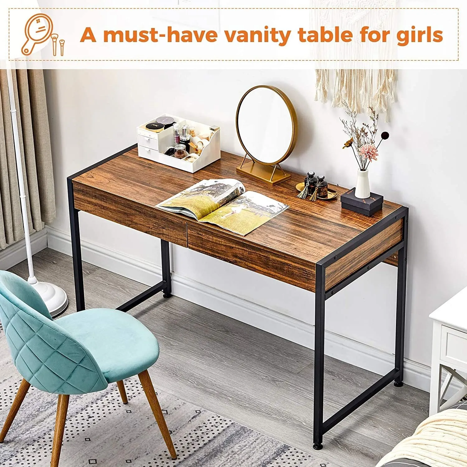 GreenForest 47" Writing Desk with 2 Storage Drawers, Home Office Computer Desk,Modern Study Laptop Table, Makeup Vanity Console Table,