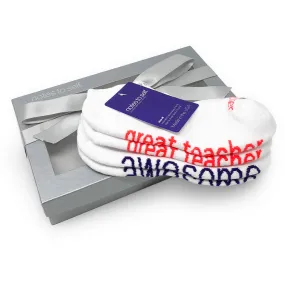 I am a great teacher®   I am awesome® white socks in silver gift box