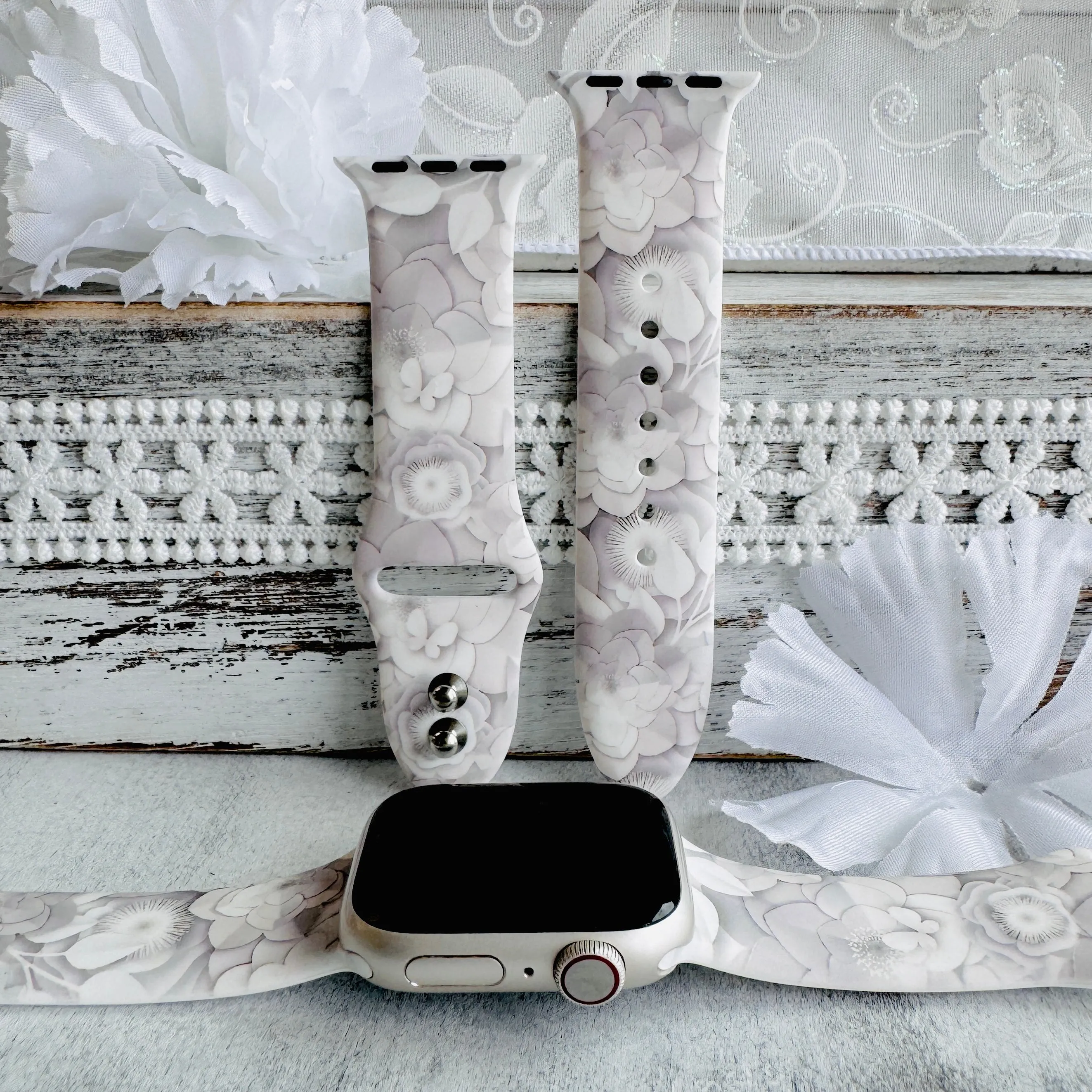 Ivory Blooms Print Silicone Band For Apple Watch