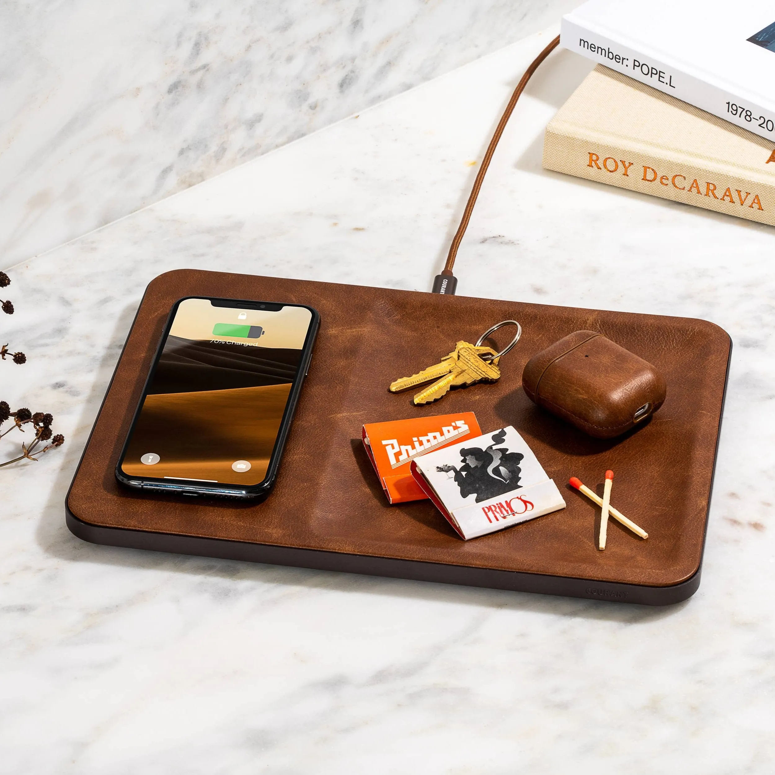 Leather Wireless Charger with Valet Tray: Saddle