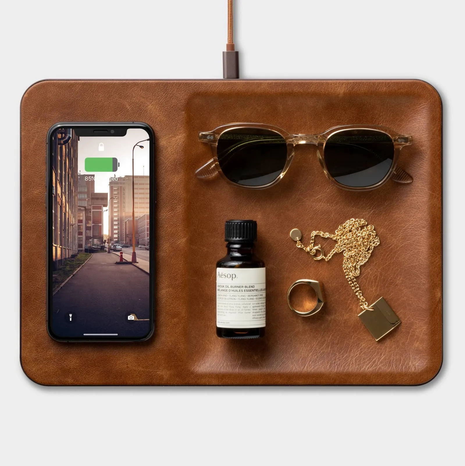 Leather Wireless Charger with Valet Tray: Saddle