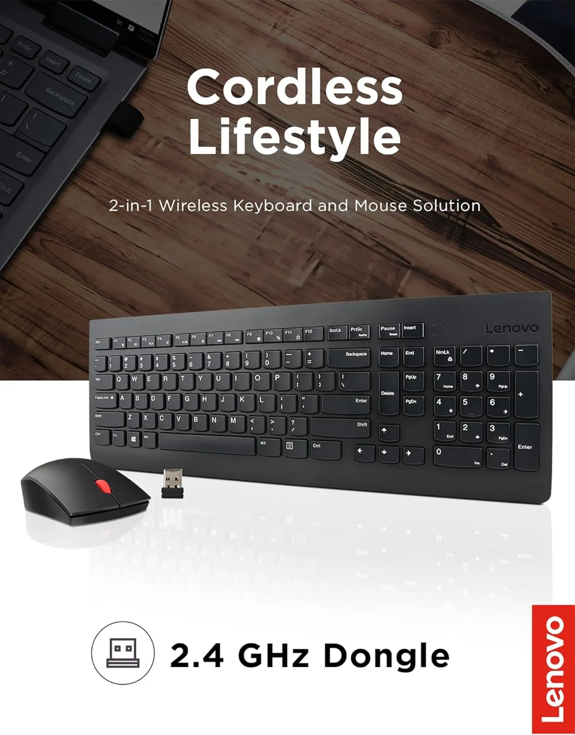 Lenovo 510 Wireless Keyboard & Mouse Combo, 2.4 Ghz Nano USB Receiver, Full Size, Island Key Design, Left or Right Hand, 1200 DPI Optical Mouse, GX30N81775, Black