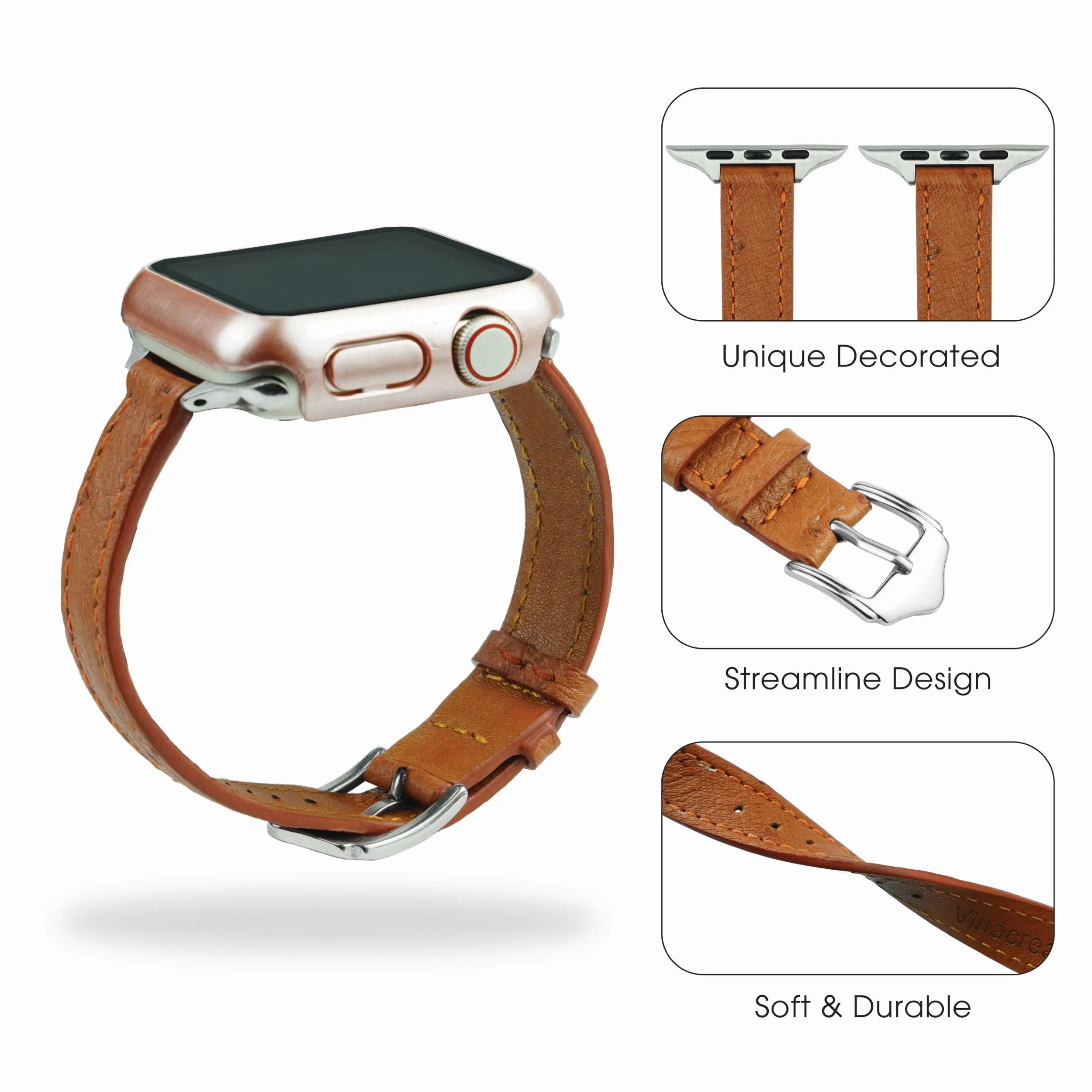 Light Brown Flat Ostrich Leather Band Compatible Apple Watch Iwatch 40mm Screen Protector Case Silver Adapter Replacement Strap For Smartwatch Series 4 5 6 SE Leather Handmade AW-186S-W-40MM