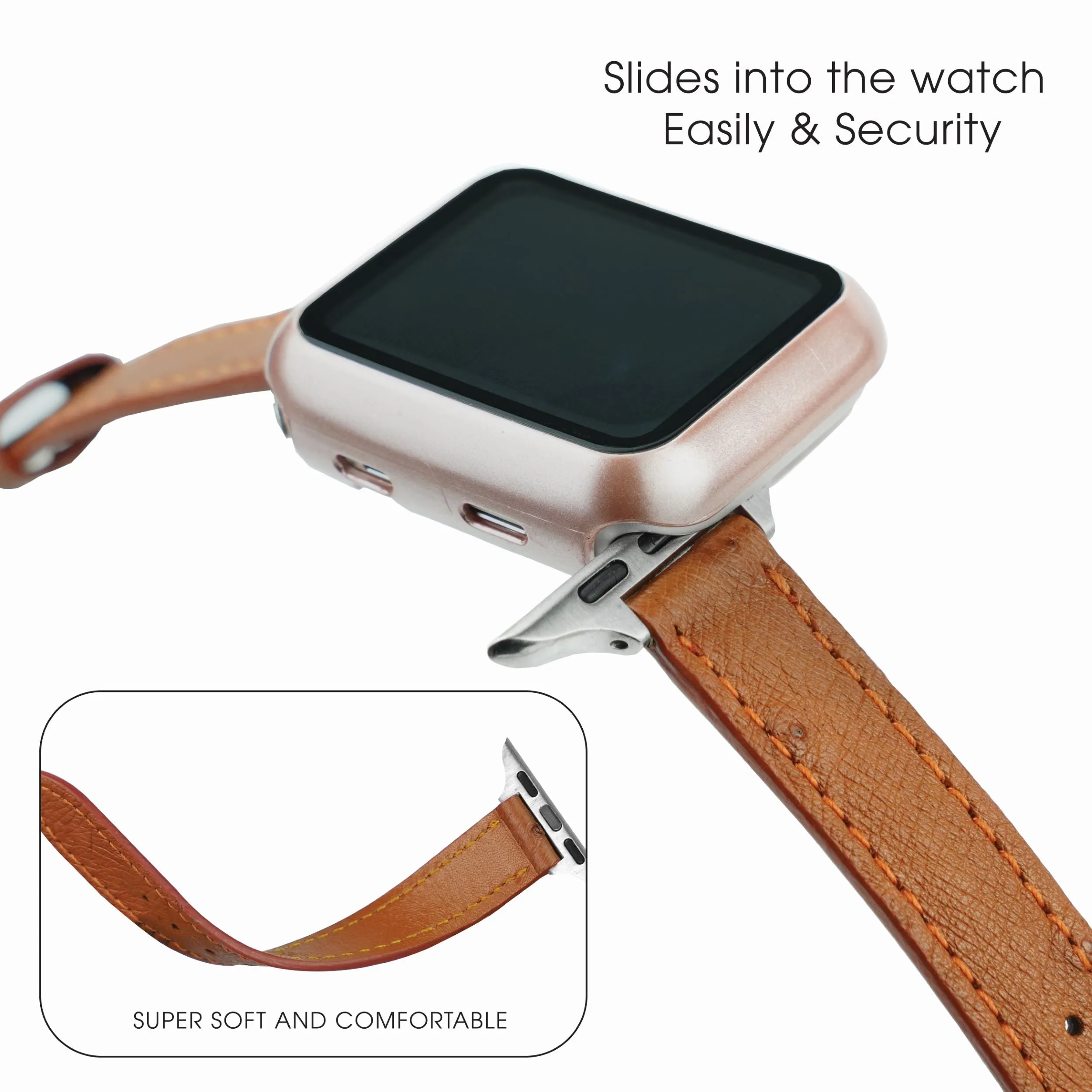 Light Brown Flat Ostrich Leather Band Compatible Apple Watch Iwatch 40mm Screen Protector Case Silver Adapter Replacement Strap For Smartwatch Series 4 5 6 SE Leather Handmade AW-186S-W-40MM