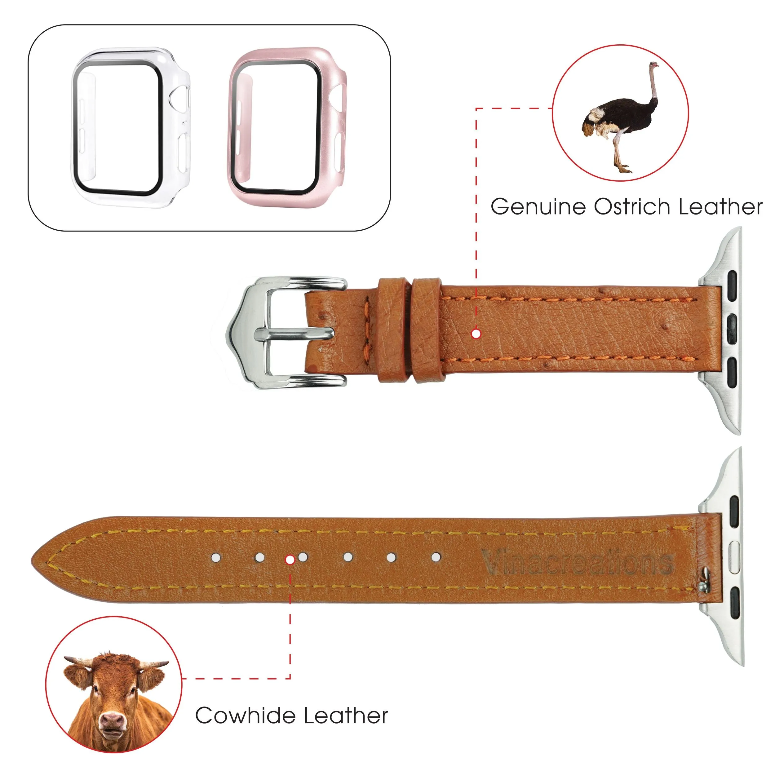 Light Brown Flat Ostrich Leather Band Compatible Apple Watch Iwatch 40mm Screen Protector Case Silver Adapter Replacement Strap For Smartwatch Series 4 5 6 SE Leather Handmade AW-186S-W-40MM