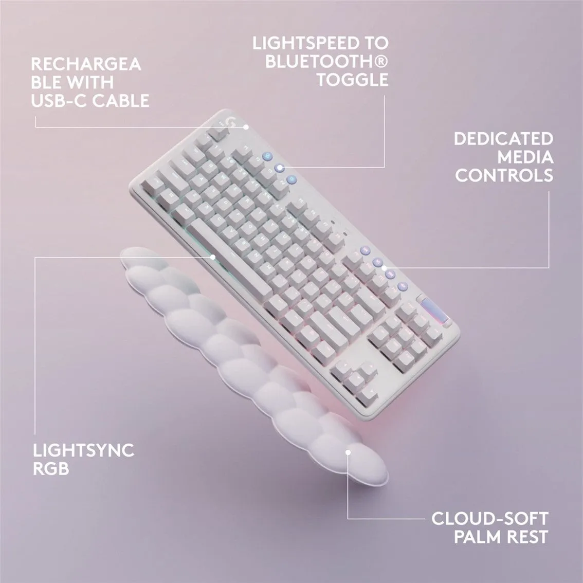 Logitech G715 Wireless Mechanical Gaming Keyboard with LIGHTSYNC RGB Lighting, LIGHTSPEED, PC and Mac Compatible, White Mist - Cloud Shaped Palm Rest | Aurora Collection