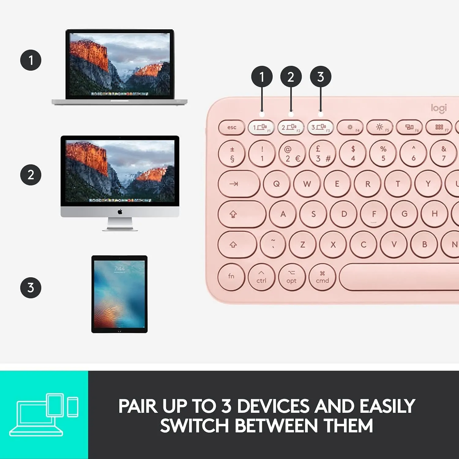 Logitech K380 Multi-Device Bluetooth Keyboard for Mac with Compact Slim Profile, Easy-Switch up to 3 Devices, Scissor Keys, 2 Year Battery, macOS/iOS/iPadOS, QWERTY UK English Layout - Rose