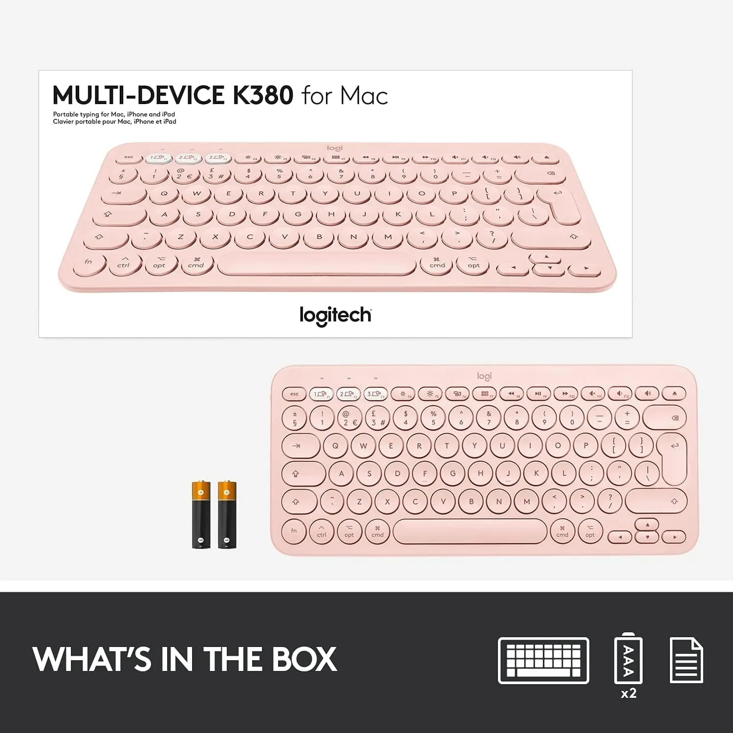 Logitech K380 Multi-Device Bluetooth Keyboard for Mac with Compact Slim Profile, Easy-Switch up to 3 Devices, Scissor Keys, 2 Year Battery, macOS/iOS/iPadOS, QWERTY UK English Layout - Rose