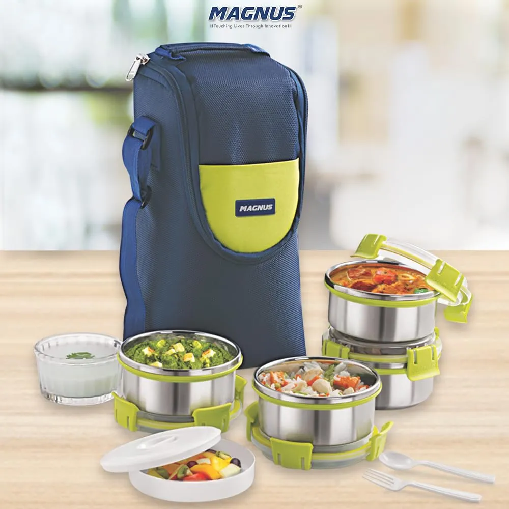 Magnus Aura 4-Piece Stainless Steel Lunch Box Set with Tiffin Bags, Utensils & Pouch | Airtight, Leakproof Containers for Office Men, Women, Kids | Insulated Covers, BPA-Free Lunch Boxes for Kids