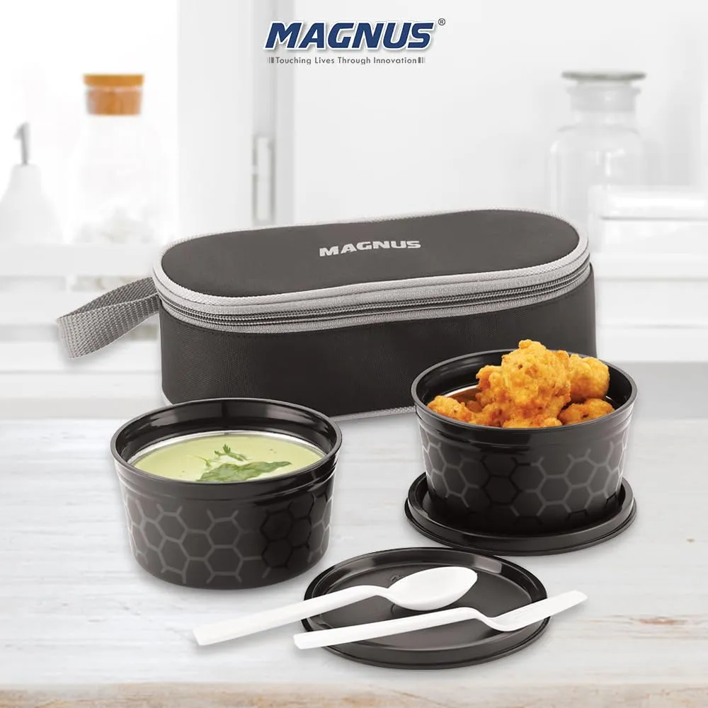 Magnus Feast 2 Microwave Safe Stainless Steel Lunch Box for Kids | Leakproof Tiffin with Insulated Cover | BPA-Free Containers | Lunch Boxes for Office Men & Women | Hot Food Safe | Black