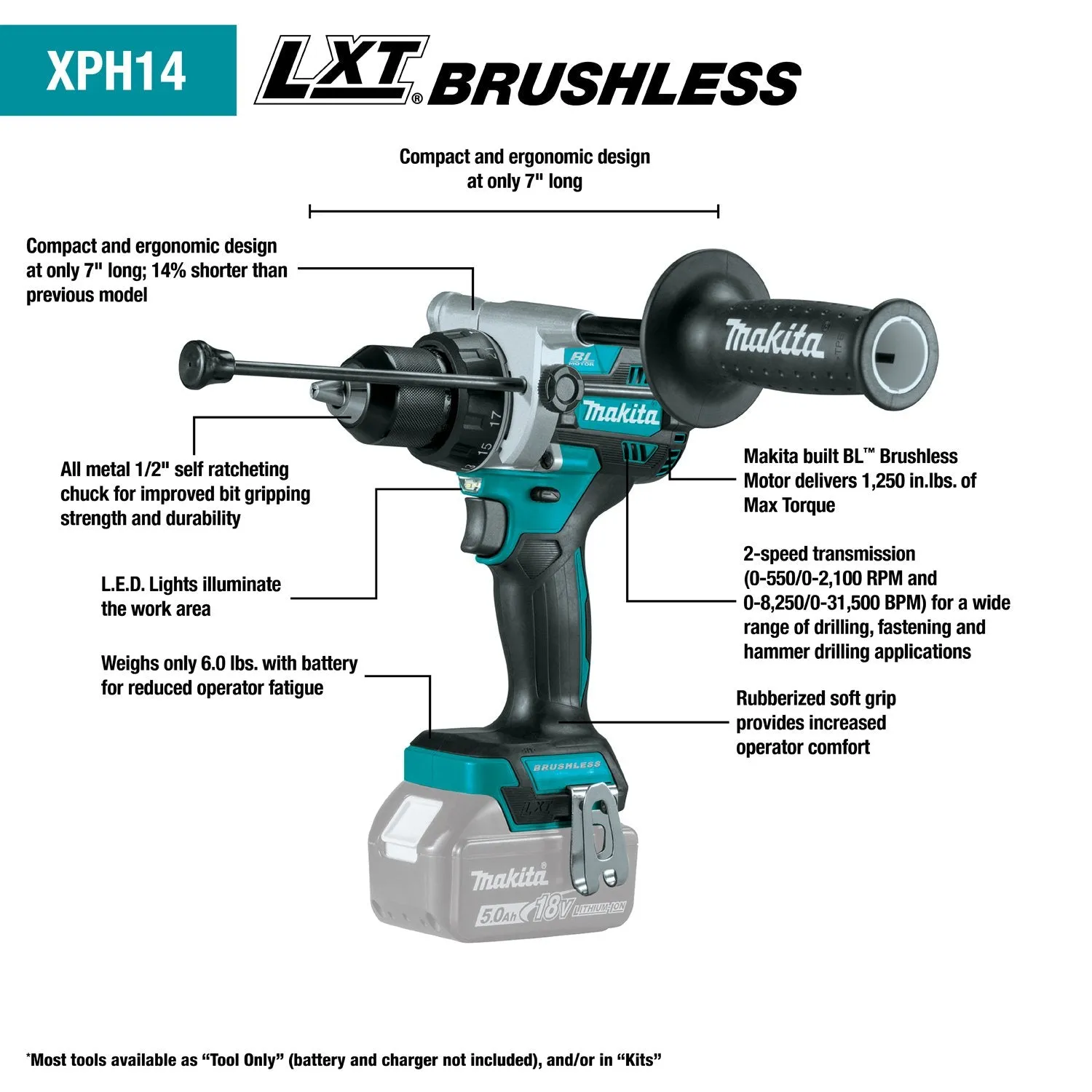 Makita (XPH14Z-R) LXT® Brushless 1/2" Hammer Driver-Drill (Tool Only) (Factory Reconditioned)