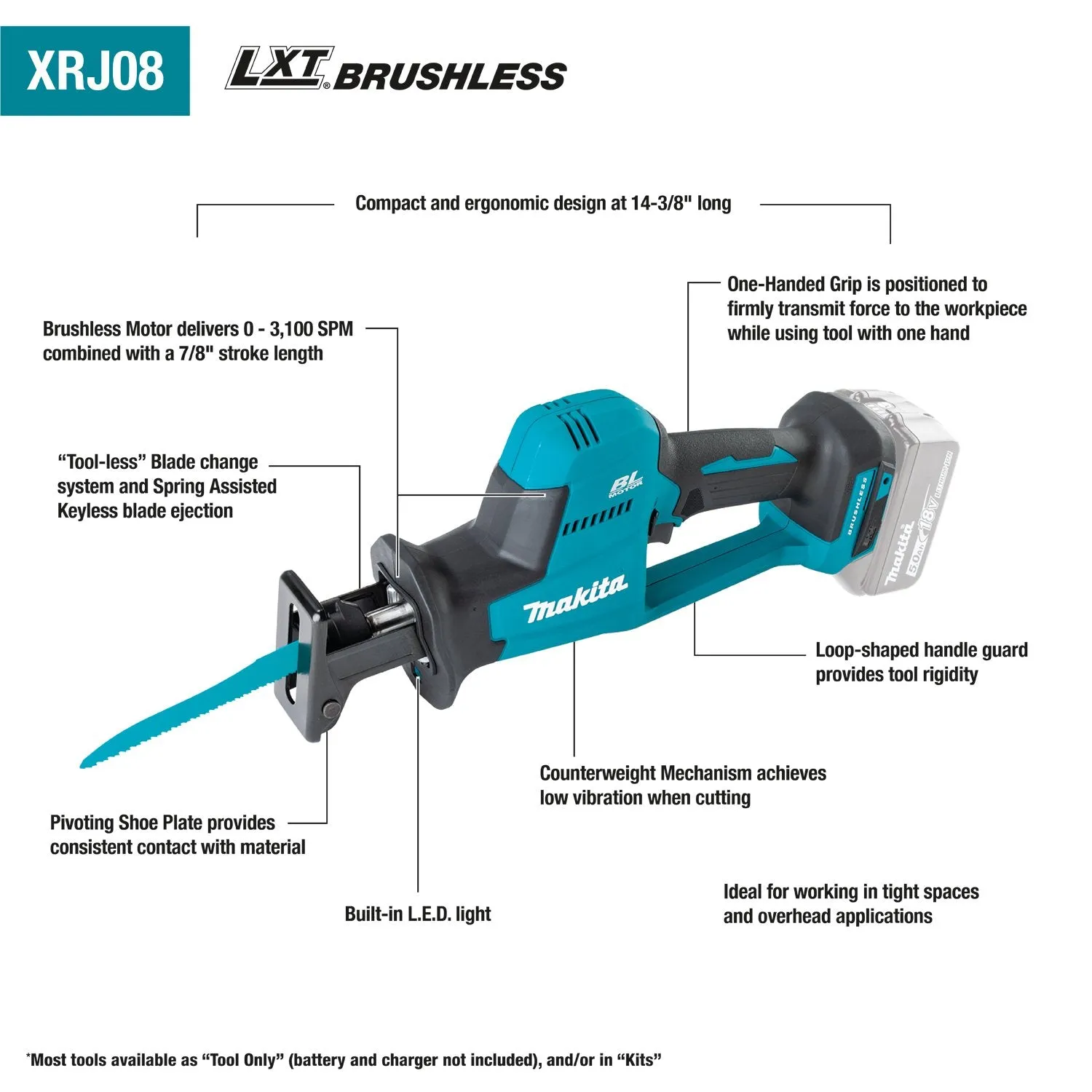 Makita (XRJ08Z) 18V Brushless Cordless Compact One‑Handed Reciprocating Saw, Tool Only