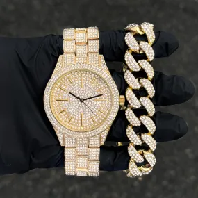 Men's 42mm Luxury Iced Diamond Watch and Bracelet Set - Brilliant Crystals, Bling Dial, Iced Bezel, Adjustable Band - Quartz Movement