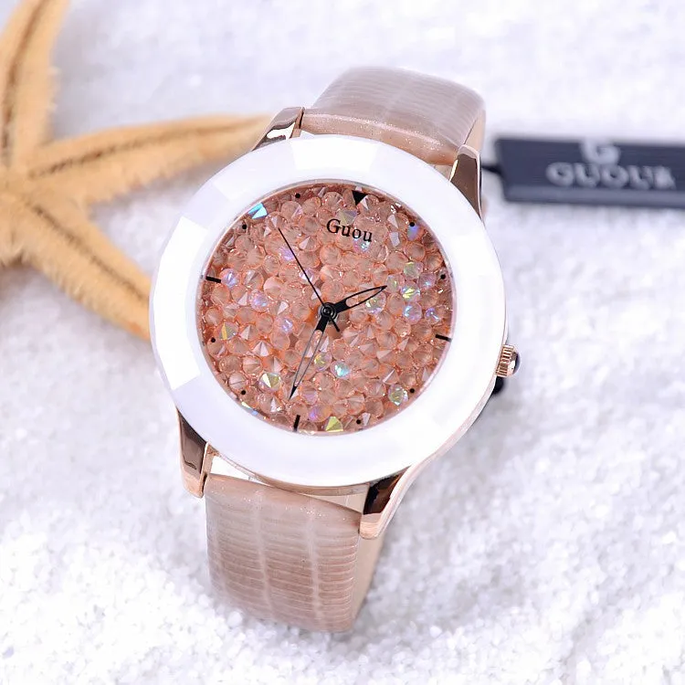 New Arrival Hongkong Brand Women Rhinestone Watches Austrian Crystal Ceramic Leather Band Women Dress Watches