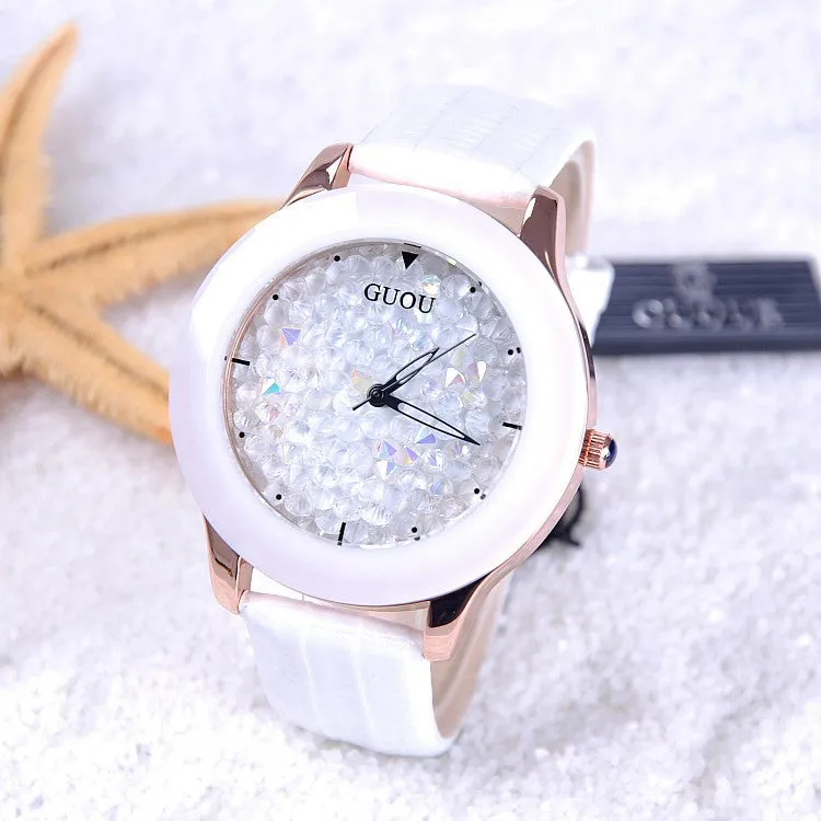 New Arrival Hongkong Brand Women Rhinestone Watches Austrian Crystal Ceramic Leather Band Women Dress Watches