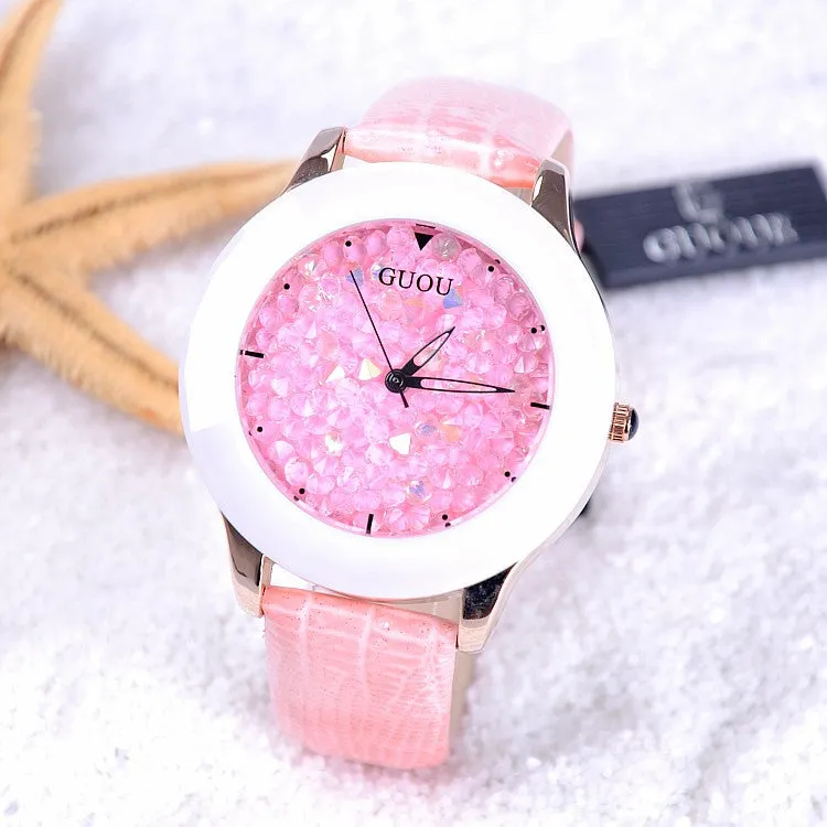 New Arrival Hongkong Brand Women Rhinestone Watches Austrian Crystal Ceramic Leather Band Women Dress Watches