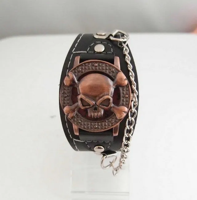 New Arrival Leather Watch wristwatches Cool Skull with Cover Design Leather Watch men TOP quality