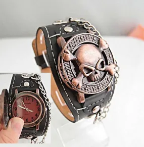 New Arrival Leather Watch wristwatches Cool Skull with Cover Design Leather Watch men TOP quality