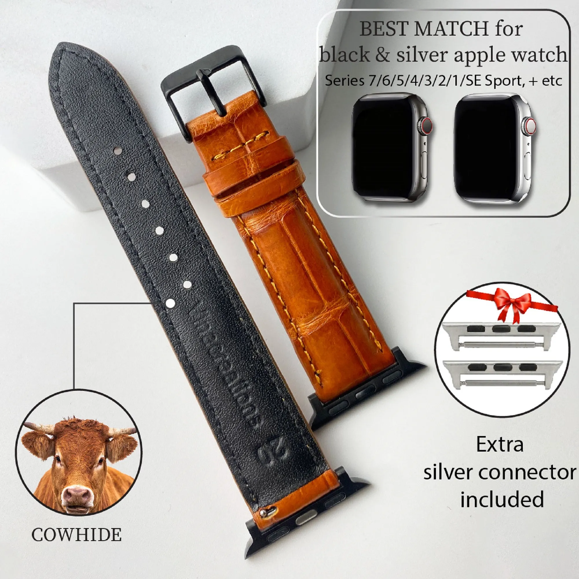 Orange Carrot Alligator Leather Watch Band Crocodile Strap Compatible with Apple Watch IWatch Series 7 6 5 4 3 2 1 SE | AW-153