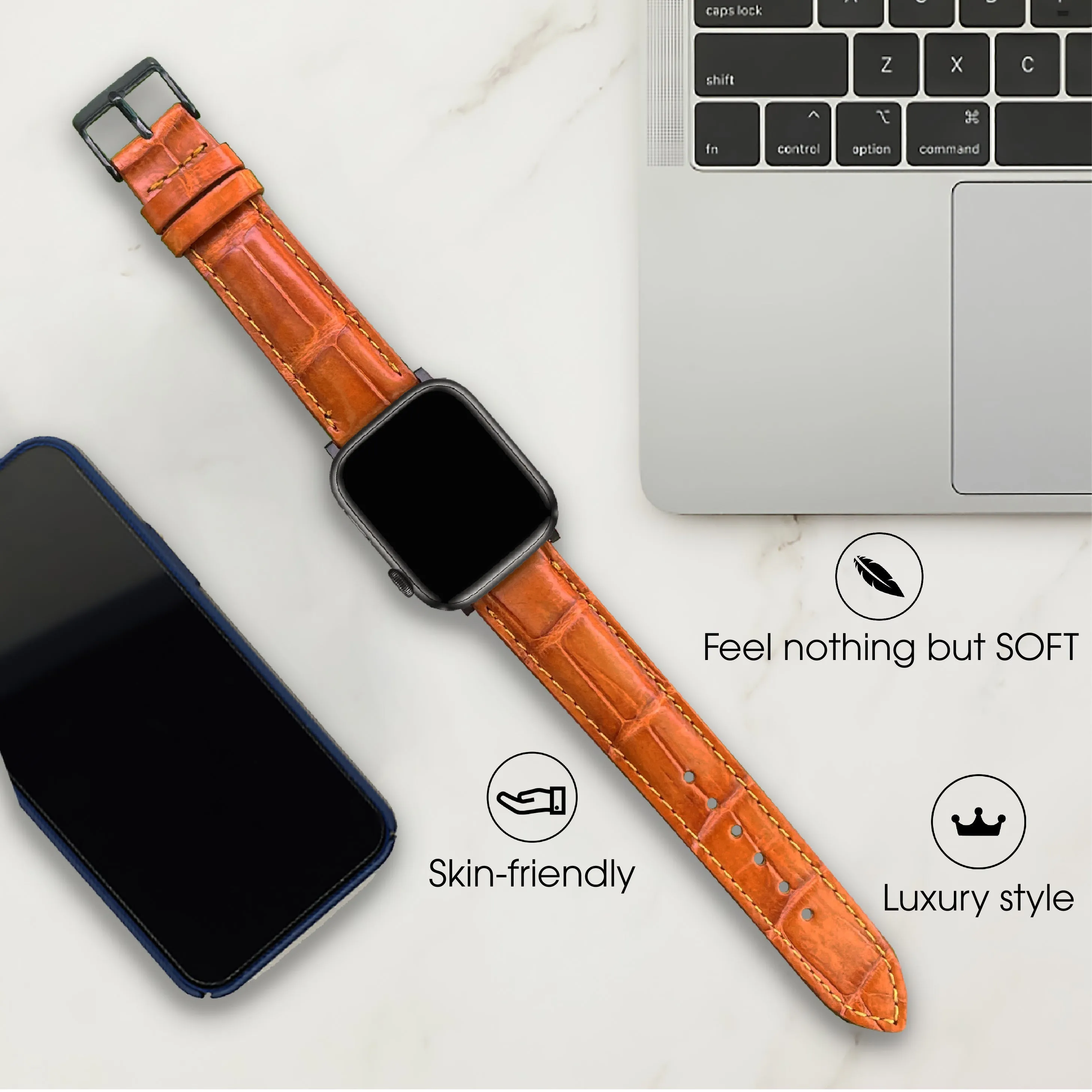 Orange Carrot Alligator Leather Watch Band Crocodile Strap Compatible with Apple Watch IWatch Series 7 6 5 4 3 2 1 SE | AW-153