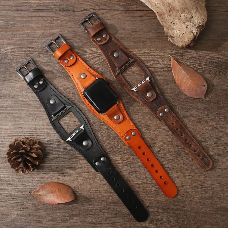 Punk Genuine Leather Bracelet Smart Watch Band