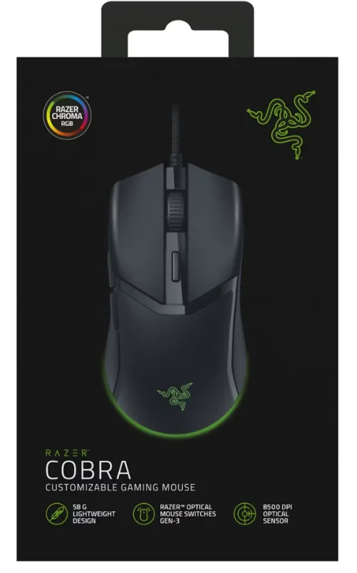 Razer Cobra Lightweight Wired Gaming Mouse, 57g, Chroma RGB Lighting, Optical Mouse Switches Gen-3, Precise Sensor Adjustments - Black