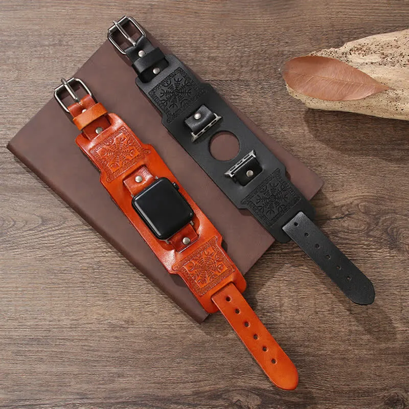 Relief Viking Compass Totem Leather Watch Band